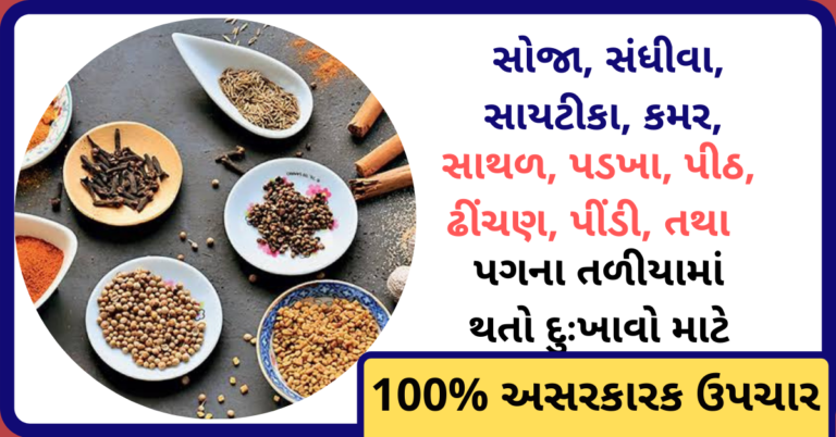 સોજા, સંધીવા, સાયટીકા, કમર, સાથળ, પડખા, પીઠ, ઢીંચણ, પીંડી, તથા પગના તળીયામાં થતો દુઃખાવો માટે 100% અસરકારક ઉપચાર